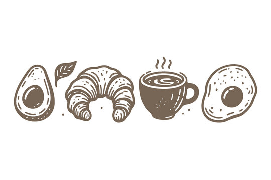 Breakfast items: coffee, avocado, croissant, eggs, line art vector