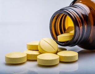 Close-Up of Yellow Pills and Bottle on a White Background