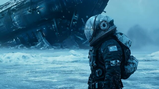 An astronaut is bravely exploring a frozen alien landscape following a devastating spacecraft crash incident