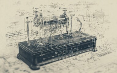 Obraz premium Vintage technology blueprint overlay on antique device.