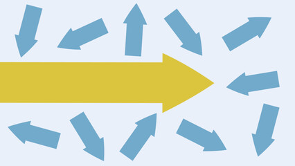 A large yellow arrow points straight to the right, moving through multiple blue arrows pointing in various directions