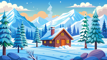 snowy winter landscape with pine trees and a cozy wooden cabin