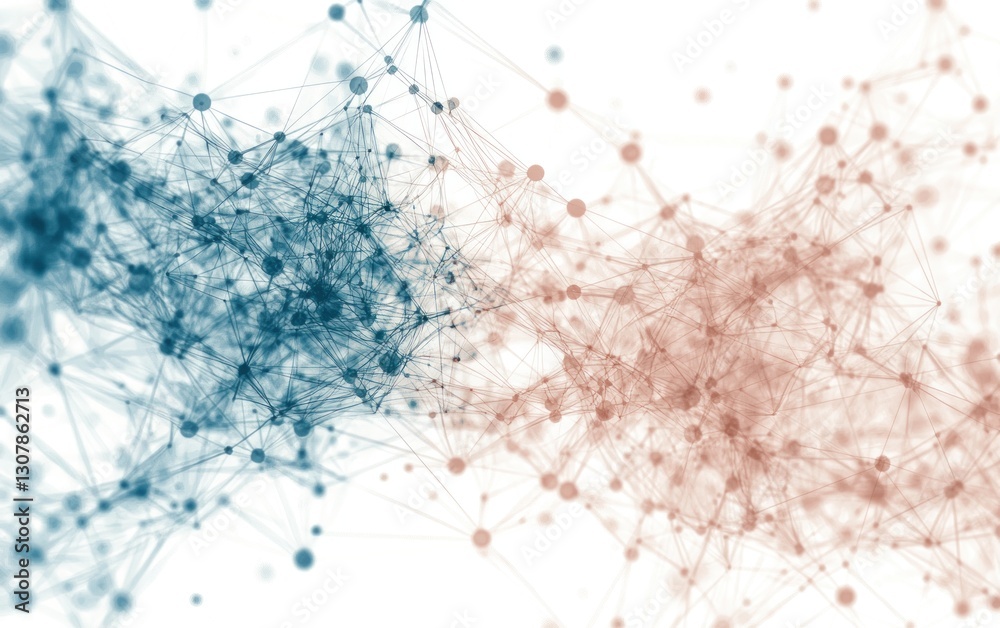 Poster abstract network connection with nodes and lines in blue and red tones on white background.
