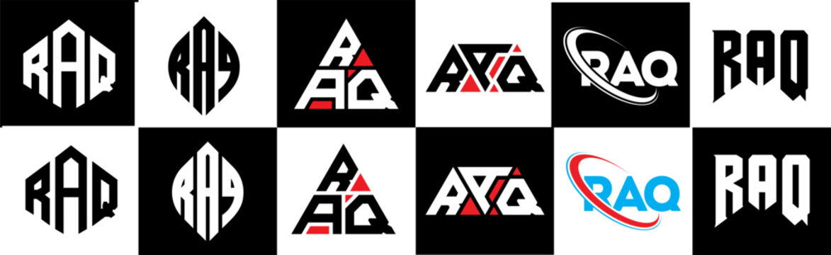 RAQ letter logo design in six style. RAQ polygon, circle, triangle, hexagon, flat and simple style with black and white color variation letter logo set in one artboard. RAQ minimalist and classic logo