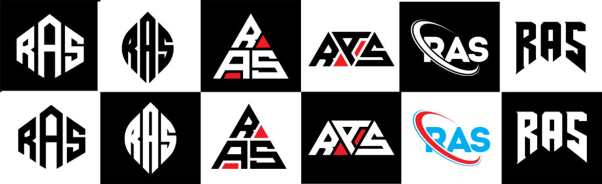 RAS letter logo design in six style. RAS polygon, circle, triangle, hexagon, flat and simple style with black and white color variation letter logo set in one artboard. RAS minimalist and classic logo