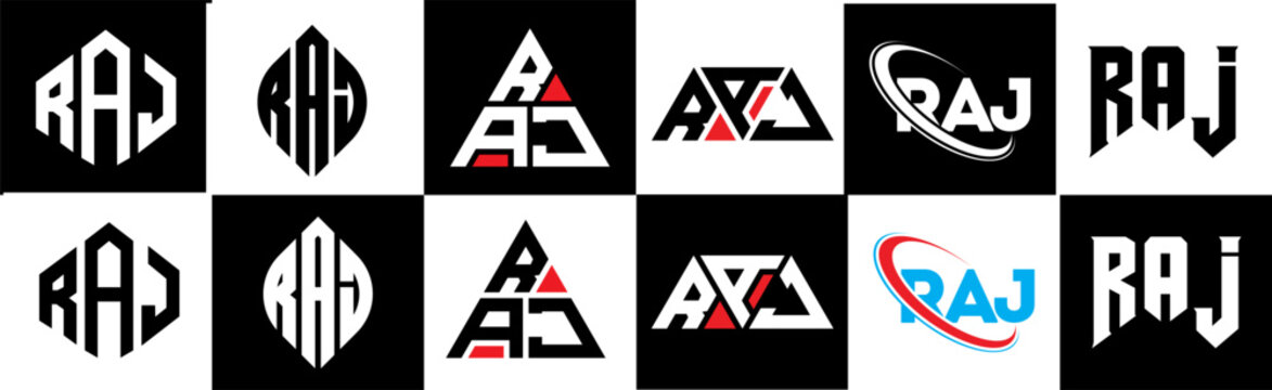 RAJ letter logo design in six style. RAJ polygon, circle, triangle, hexagon, flat and simple style with black and white color variation letter logo set in one artboard. RAJ minimalist and classic logo