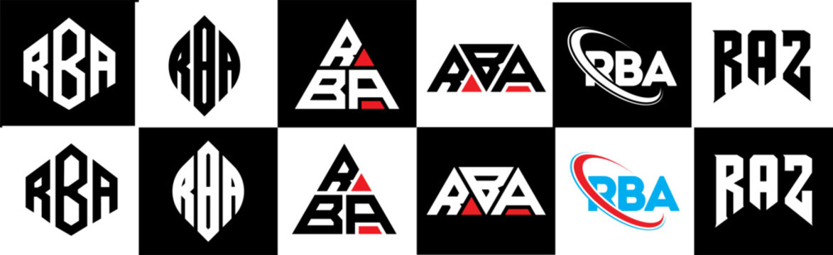 RBA letter logo design in six style. RBA polygon, circle, triangle, hexagon, flat and simple style with black and white color variation letter logo set in one artboard. RBA minimalist and classic logo