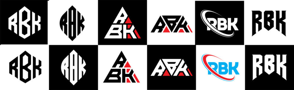 RBK letter logo design in six style. RBK polygon, circle, triangle, hexagon, flat and simple style with black and white color variation letter logo set in one artboard. RBK minimalist and classic logo