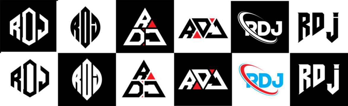 RDJ letter logo design in six style. RDJ polygon, circle, triangle, hexagon, flat and simple style with black and white color variation letter logo set in one artboard. RDJ minimalist and classic logo