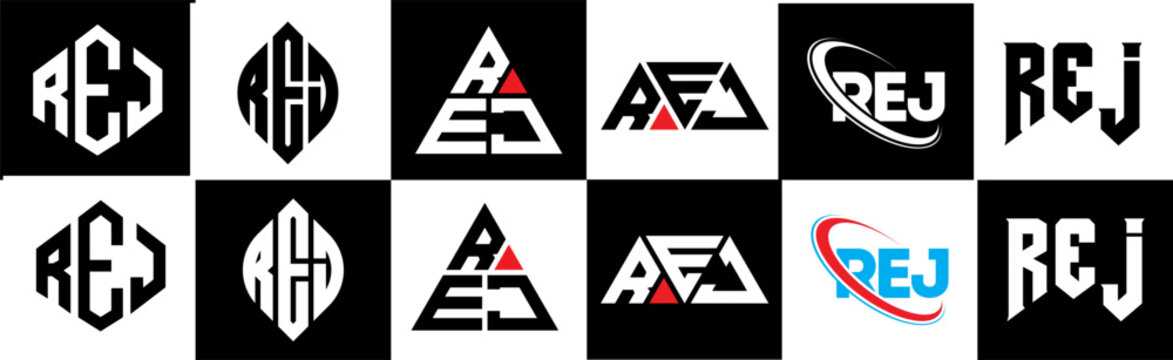 REJ letter logo design in six style. REJ polygon, circle, triangle, hexagon, flat and simple style with black and white color variation letter logo set in one artboard. REJ minimalist and classic logo