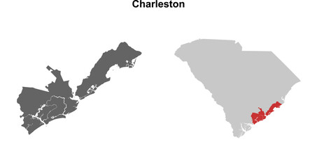 Obraz premium Charleston County (South Carolina) blank outline map set