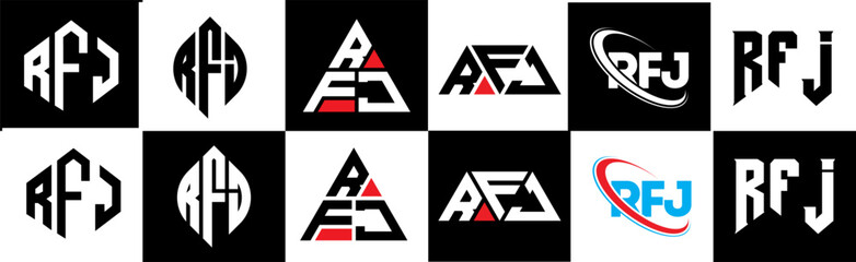 RFJ letter logo design in six style. RFJ polygon, circle, triangle, hexagon, flat and simple style with black and white color variation letter logo set in one artboard. RFJ minimalist and classic logo