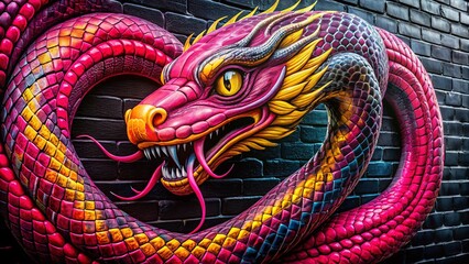 Obraz premium 2025 Chinese New Year Snake Graffiti: Pink Scales, Yellow Eyes, Urban Street Art Panoramic