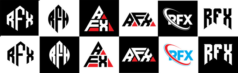 RFX letter logo design in six style. RFX polygon, circle, triangle, hexagon, flat and simple style with black and white color variation letter logo set in one artboard. RFX minimalist and classic logo