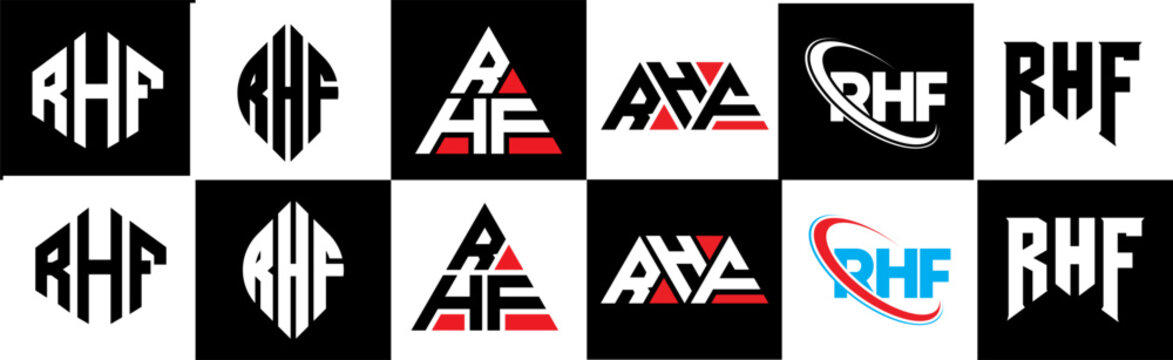 RHF letter logo design in six style. RHF polygon, circle, triangle, hexagon, flat and simple style with black and white color variation letter logo set in one artboard. RHF minimalist and classic logo