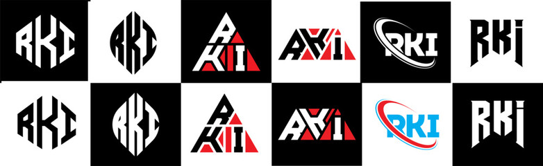 RKI letter logo design in six style. RKI polygon, circle, triangle, hexagon, flat and simple style with black and white color variation letter logo set in one artboard. RKI minimalist and classic logo