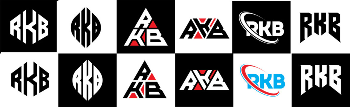 RKB letter logo design in six style. RKB polygon, circle, triangle, hexagon, flat and simple style with black and white color variation letter logo set in one artboard. RKB minimalist and classic logo