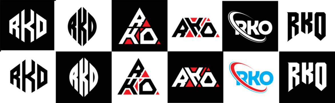 RKO letter logo design in six style. RKO polygon, circle, triangle, hexagon, flat and simple style with black and white color variation letter logo set in one artboard. RKO minimalist and classic logo