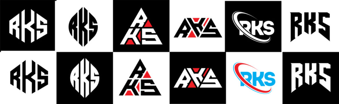 RKS letter logo design in six style. RKS polygon, circle, triangle, hexagon, flat and simple style with black and white color variation letter logo set in one artboard. RKS minimalist and classic logo