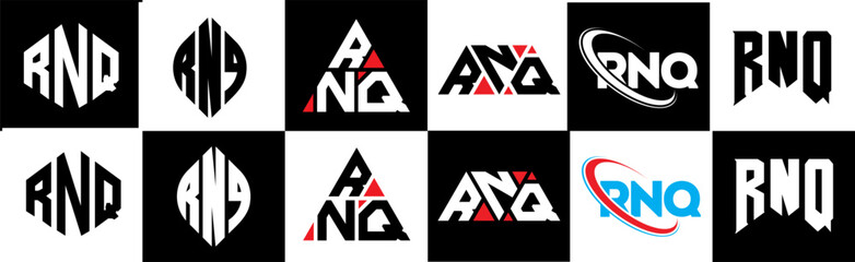 RNQ letter logo design in six style. RNQ polygon, circle, triangle, hexagon, flat and simple style with black and white color variation letter logo set in one artboard. RNQ minimalist and classic logo