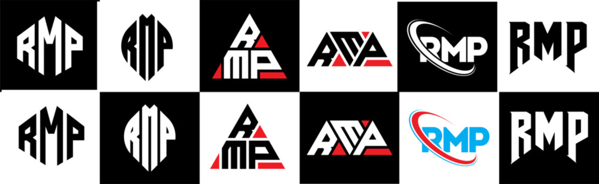 RMP letter logo design in six style. RMP polygon, circle, triangle, hexagon, flat and simple style with black and white color variation letter logo set in one artboard. RMP minimalist and classic logo