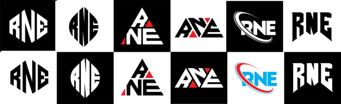 RNE letter logo design in six style. RNE polygon, circle, triangle, hexagon, flat and simple style with black and white color variation letter logo set in one artboard. RNE minimalist and classic logo