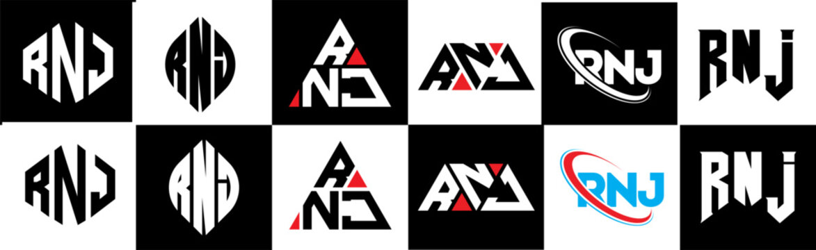 RNJ letter logo design in six style. RNJ polygon, circle, triangle, hexagon, flat and simple style with black and white color variation letter logo set in one artboard. RNJ minimalist and classic logo