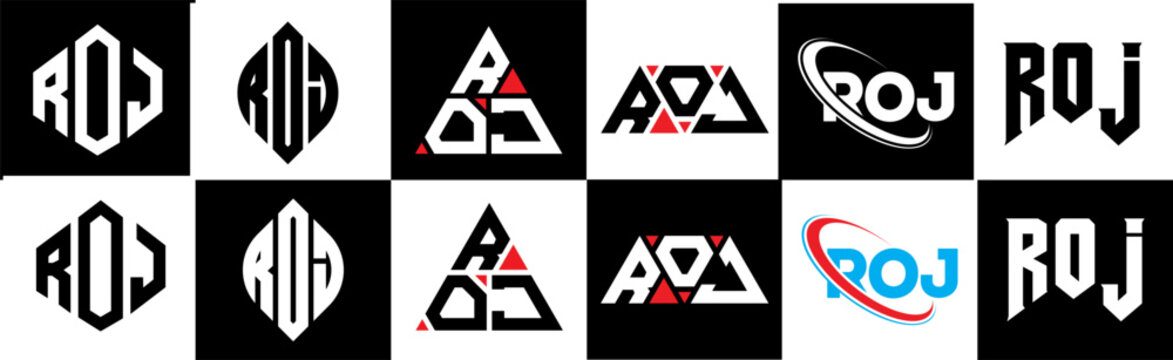 ROJ letter logo design in six style. ROJ polygon, circle, triangle, hexagon, flat and simple style with black and white color variation letter logo set in one artboard. ROJ minimalist and classic logo
