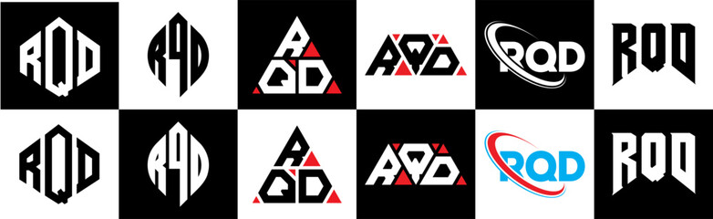 RQD letter logo design in six style. RQD polygon, circle, triangle, hexagon, flat and simple style with black and white color variation letter logo set in one artboard. RQD minimalist and classic logo