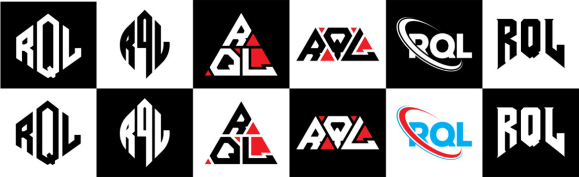 RQL letter logo design in six style. RQL polygon, circle, triangle, hexagon, flat and simple style with black and white color variation letter logo set in one artboard. RQL minimalist and classic logo