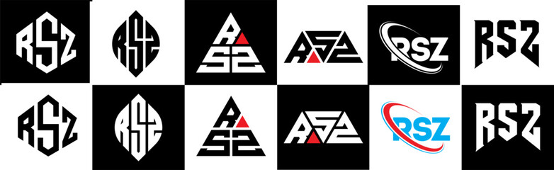RSZ letter logo design in six style. RSZ polygon, circle, triangle, hexagon, flat and simple style with black and white color variation letter logo set in one artboard. RSZ minimalist and classic logo