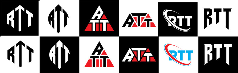 RTT letter logo design in six style. RTT polygon, circle, triangle, hexagon, flat and simple style with black and white color variation letter logo set in one artboard. RTT minimalist and classic logo