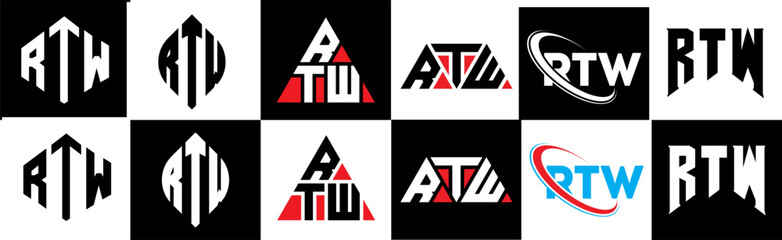 Obraz premium RTW letter logo design in six style. RTW polygon, circle, triangle, hexagon, flat and simple style with black and white color variation letter logo set in one artboard. RTW minimalist and classic logo