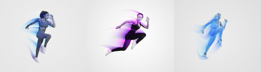 Fototapeta premium Three athletic individuals move energetically, showcasing various workout styles. Their powerful expressions highlight dedication to fitness within a minimalist background, emphasizing their movement.