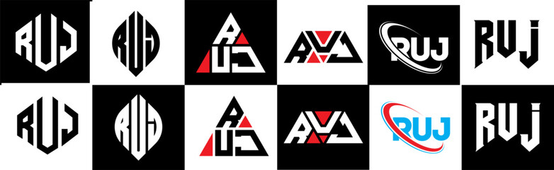 Obraz premium RUJ letter logo design in six style. RUJ polygon, circle, triangle, hexagon, flat and simple style with black and white color variation letter logo set in one artboard. RUJ minimalist and classic logo