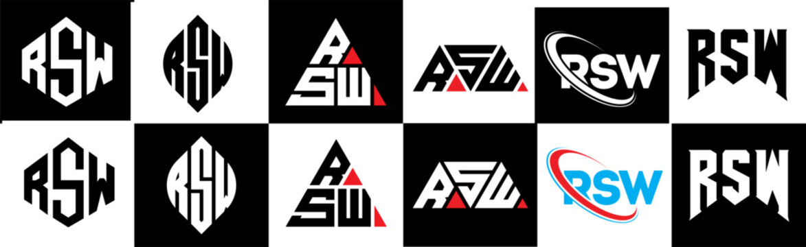 RSW letter logo design in six style. RSW polygon, circle, triangle, hexagon, flat and simple style with black and white color variation letter logo set in one artboard. RSW minimalist and classic logo