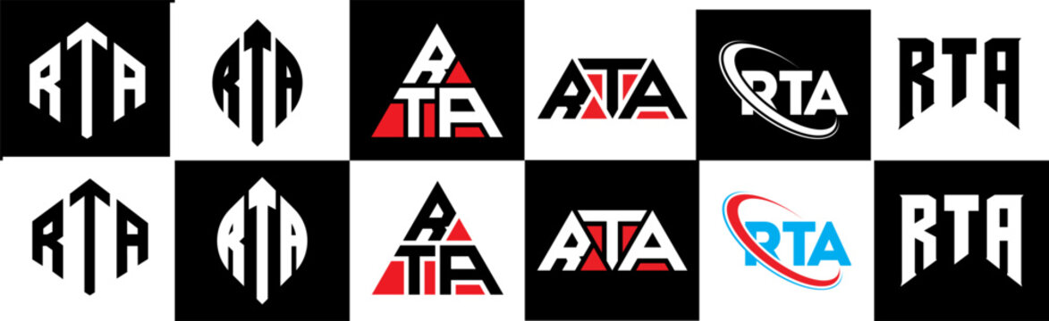 RTA letter logo design in six style. RTA polygon, circle, triangle, hexagon, flat and simple style with black and white color variation letter logo set in one artboard. RTA minimalist and classic logo