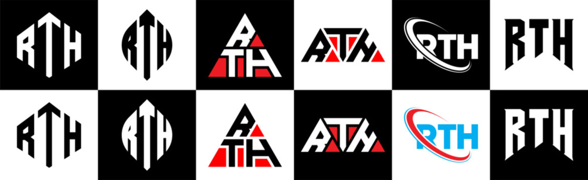 RTH letter logo design in six style. RTH polygon, circle, triangle, hexagon, flat and simple style with black and white color variation letter logo set in one artboard. RTH minimalist and classic logo