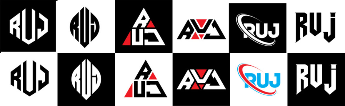 RUJ letter logo design in six style. RUJ polygon, circle, triangle, hexagon, flat and simple style with black and white color variation letter logo set in one artboard. RUJ minimalist and classic logo