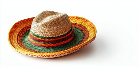 Colorful woven straw hat with intricate detailing placed on a white surface