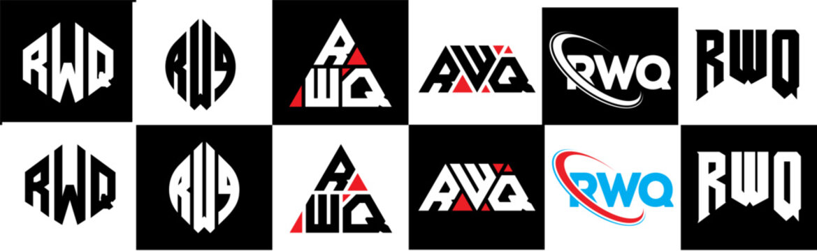 RWQ letter logo design in six style. RWQ polygon, circle, triangle, hexagon, flat and simple style with black and white color variation letter logo set in one artboard. RWQ minimalist and classic logo