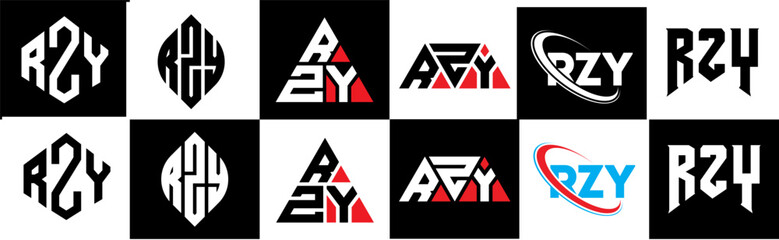 RZY letter logo design in six style. RZY polygon, circle, triangle, hexagon, flat and simple style with black and white color variation letter logo set in one artboard. RZY minimalist and classic logo