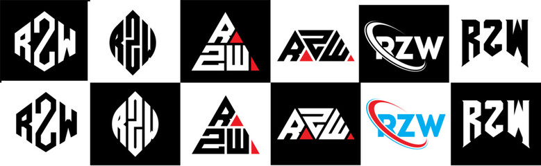 RZW letter logo design in six style. RZW polygon, circle, triangle, hexagon, flat and simple style with black and white color variation letter logo set in one artboard. RZW minimalist and classic logo
