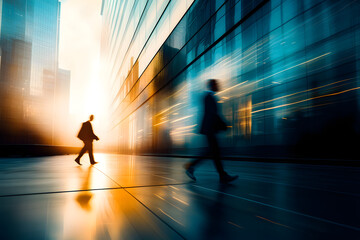 Obraz premium Silhouettes of business professionals walking through a modern glass corridor at sunset, with motion blur and reflections. A dynamic scene symbolizing corporate life, progress, and urban business cult
