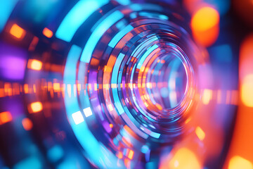 Obraz premium Futuristic abstract tunnel with glowing neon lights in blue, orange, and purple hues. A sci-fi inspired digital concept representing technology, cyberspace, speed, and virtual reality. 