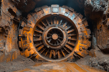Fototapeta premium Tunnel boring machine at site. Massive tunnel boring machine stands in a muddy excavation site, surrounded by rocky terrain in a construction zone.