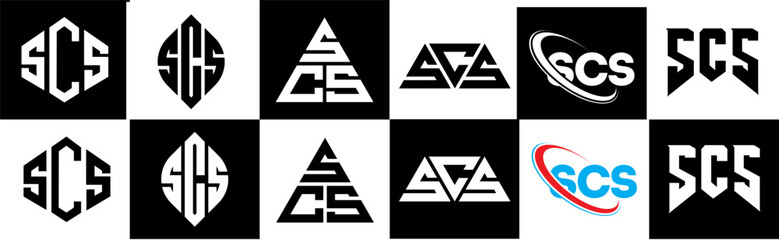 SCS letter logo design in six style. SCS polygon, circle, triangle, hexagon, flat and simple style with black and white color variation letter logo set in one artboard. SCS minimalist and classic logo