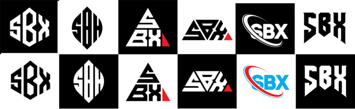 SBX letter logo design in six style. SBX polygon, circle, triangle, hexagon, flat and simple style with black and white color variation letter logo set in one artboard. SBX minimalist and classic logo