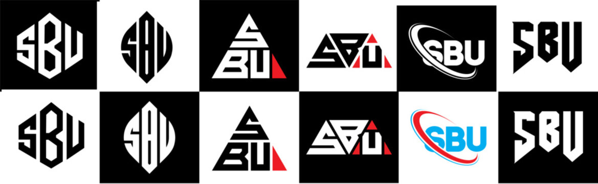 SBU letter logo design in six style. SBU polygon, circle, triangle, hexagon, flat and simple style with black and white color variation letter logo set in one artboard. SBU minimalist and classic logo