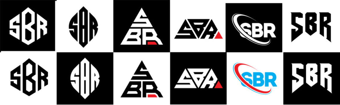 SBR letter logo design in six style. SBR polygon, circle, triangle, hexagon, flat and simple style with black and white color variation letter logo set in one artboard. SBR minimalist and classic logo